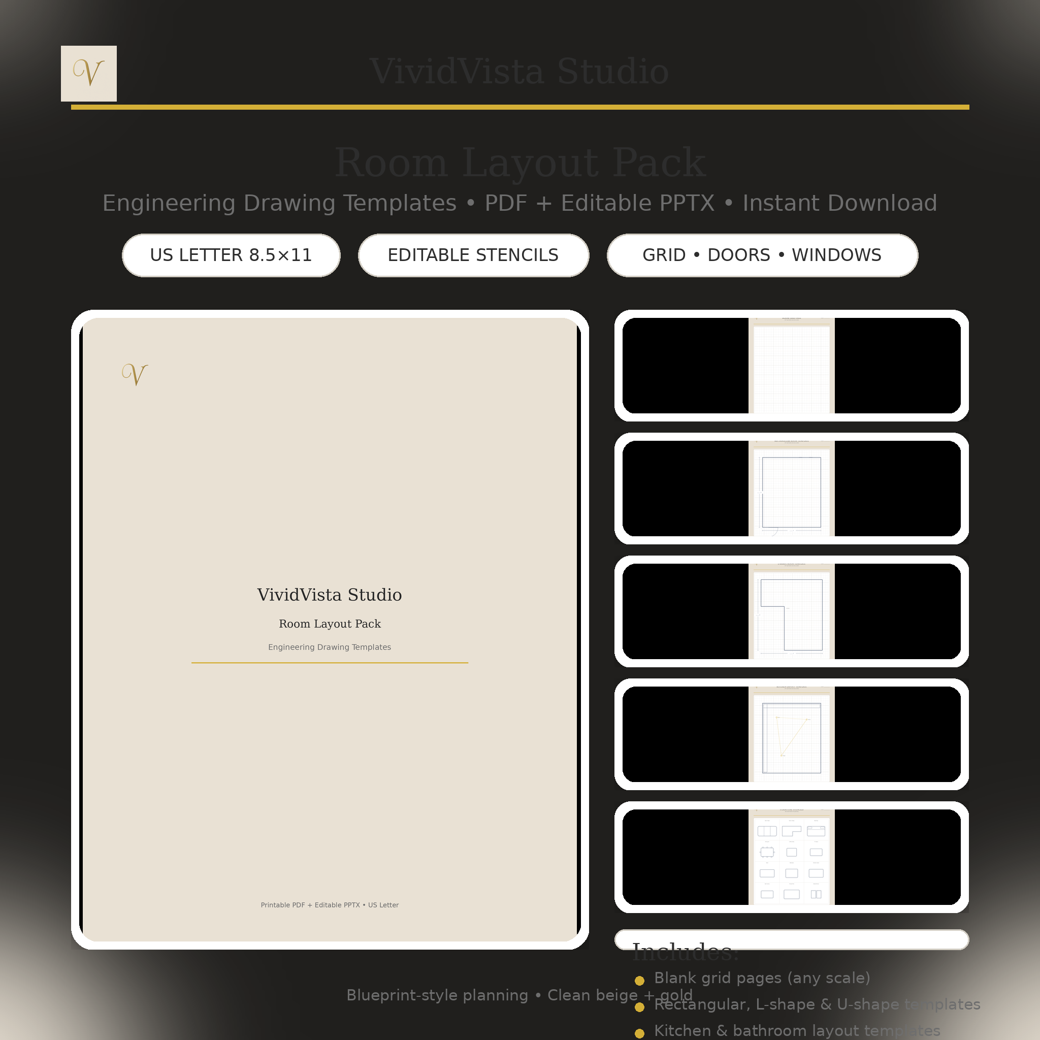 Room Layout Pack – Engineering Drawing Templates (PDF + Editable PPTX, US Letter)