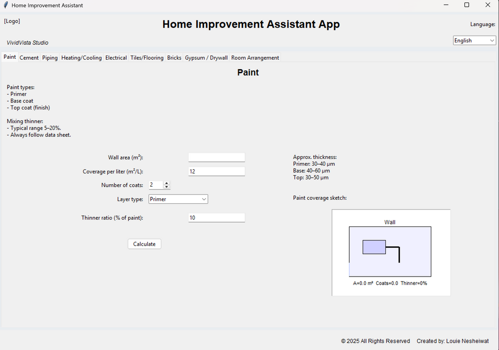 VividVista Home Improvement Desktop App – Renovation Planner, Room Layout Tools, Cement/Electrical/Heating Planning (Digital Download)