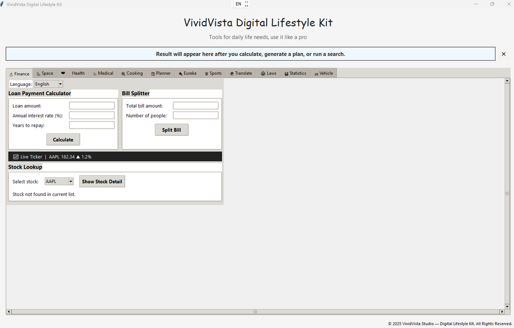 VividVista Digital Lifestyle Kit App – Multi-Tab Hub (Stocks • Sports • Health • Vehicle) – Digital Download