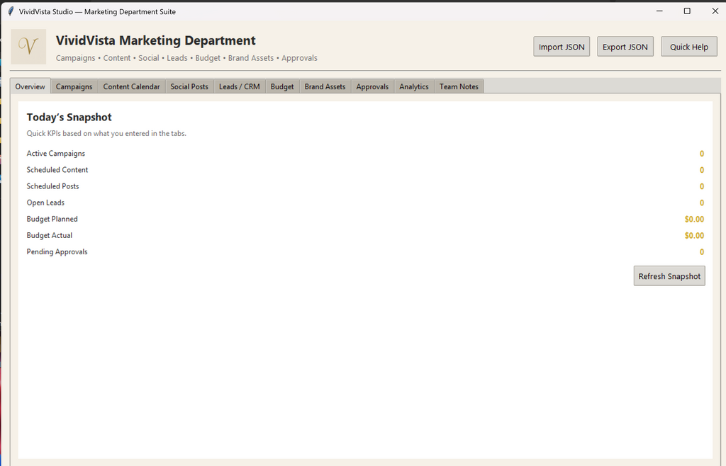 VividVista Marketing Department Suite (Python Desktop App) — Campaigns, Content Calendar, Social, CRM & Budget