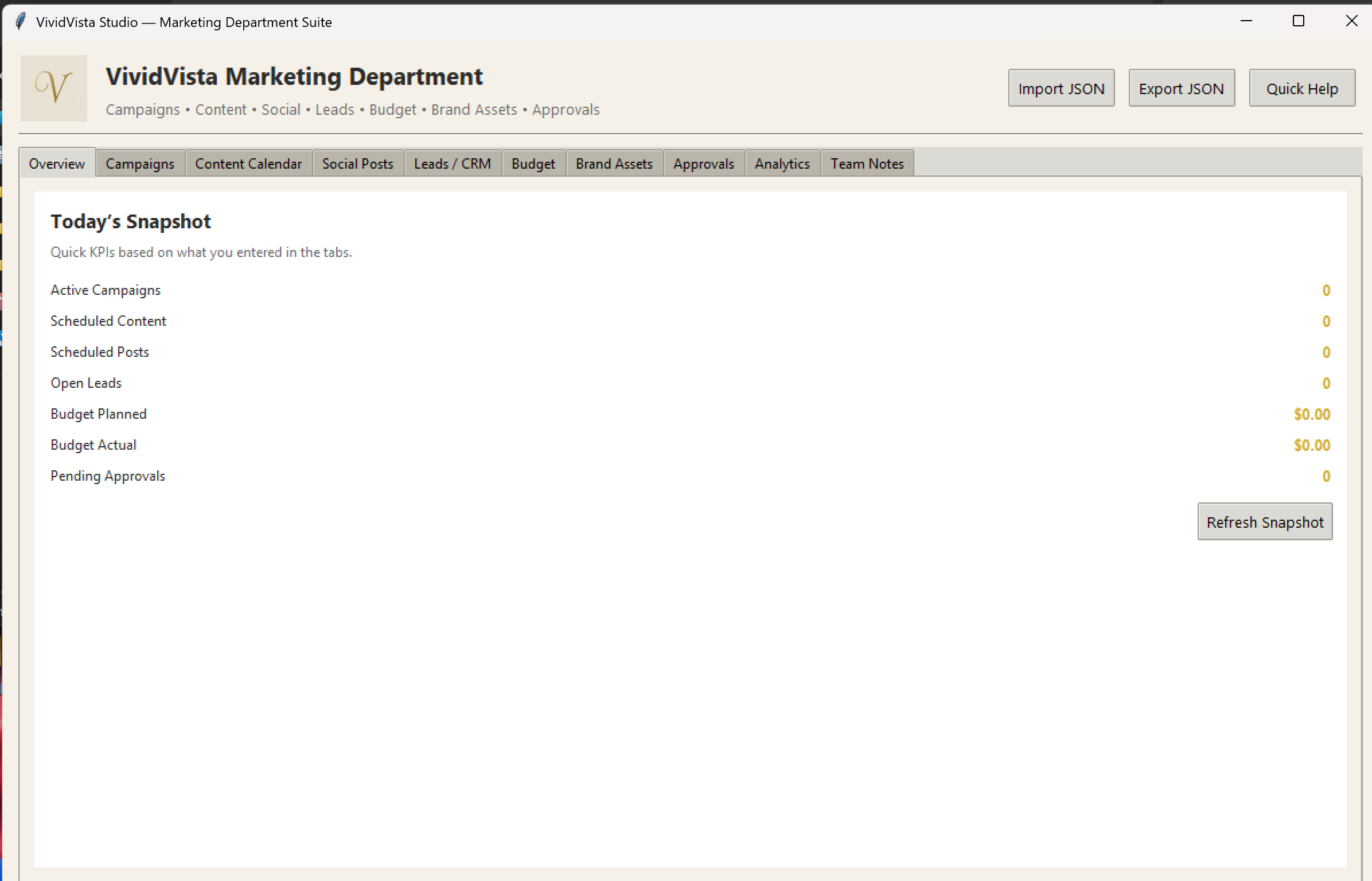 VividVista Marketing Department Suite (Python Desktop App) — Campaigns, Content Calendar, Social, CRM & Budget