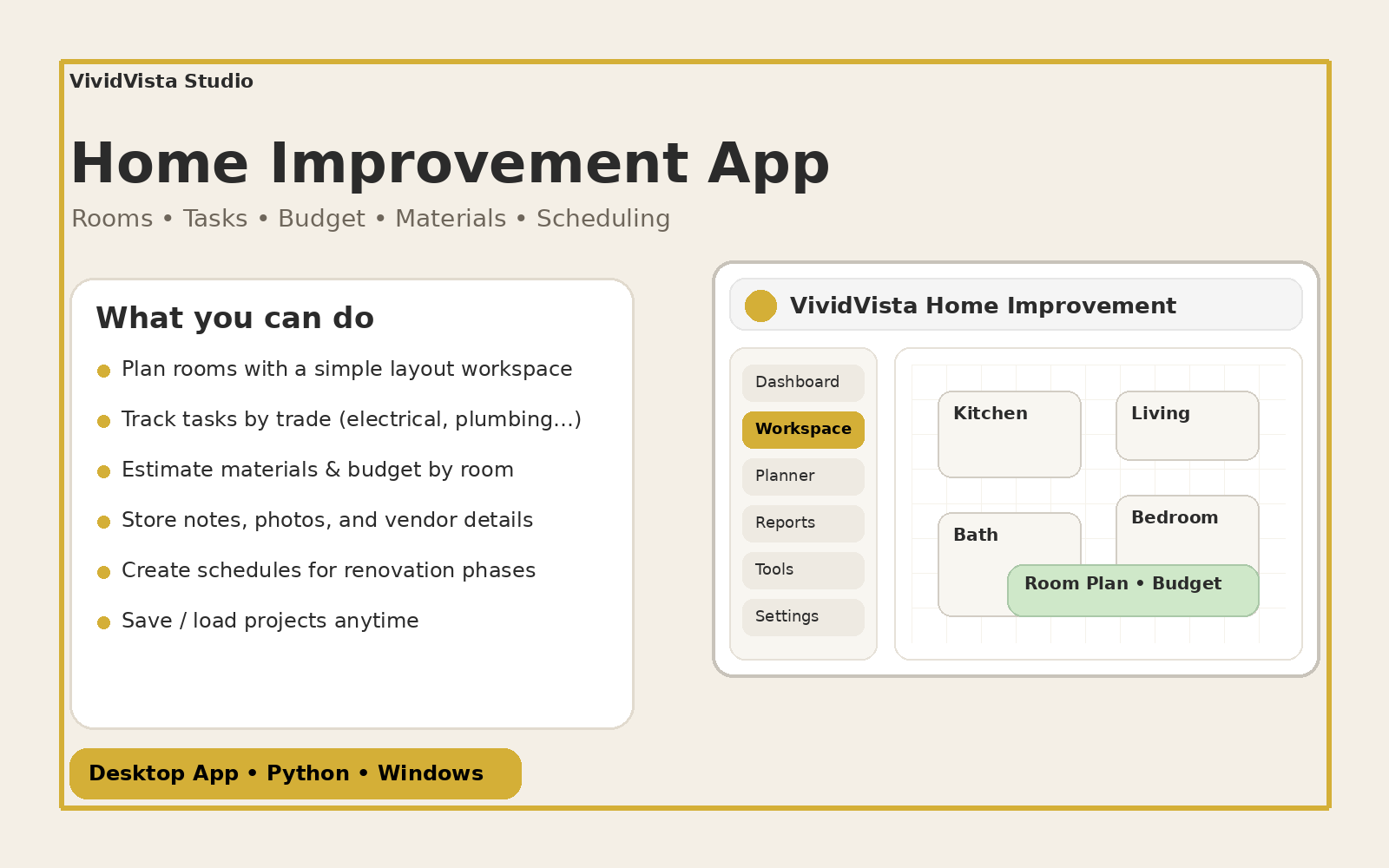VividVista Home Improvement Desktop App – Renovation Planner, Room Layout Tools, Cement/Electrical/Heating Planning (Digital Download)
