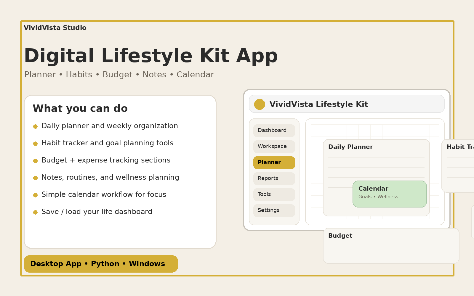 VividVista Digital Lifestyle Kit App – Multi-Tab Hub (Stocks • Sports • Health • Vehicle) – Digital Download
