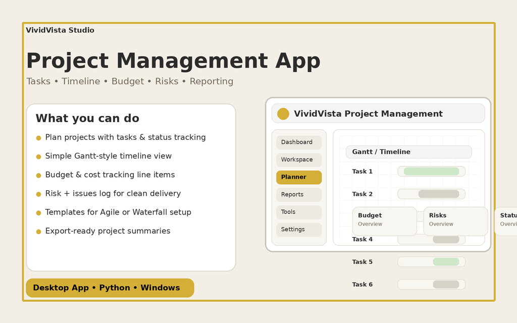 VividVista Project Management Desktop App – Waterfall + Agile Workspace (Digital Download)