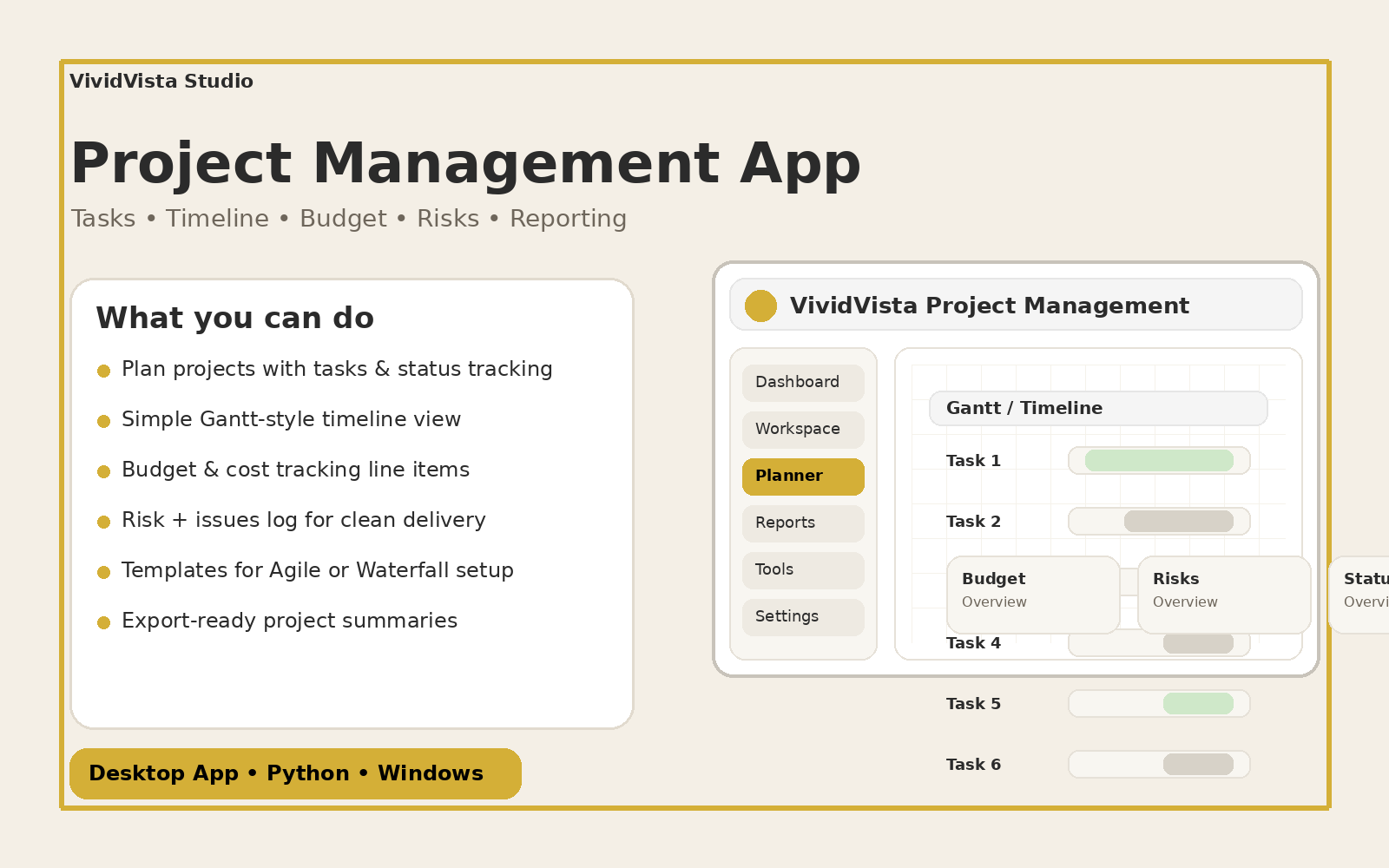VividVista Project Management Desktop App – Waterfall + Agile Workspace (Digital Download)