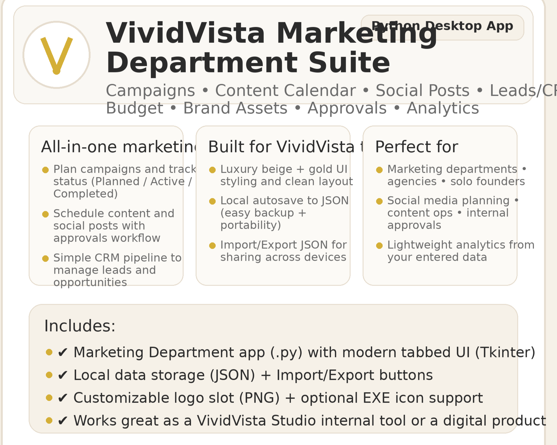 VividVista Marketing Department Suite (Python Desktop App) — Campaigns, Content Calendar, Social, CRM & Budget